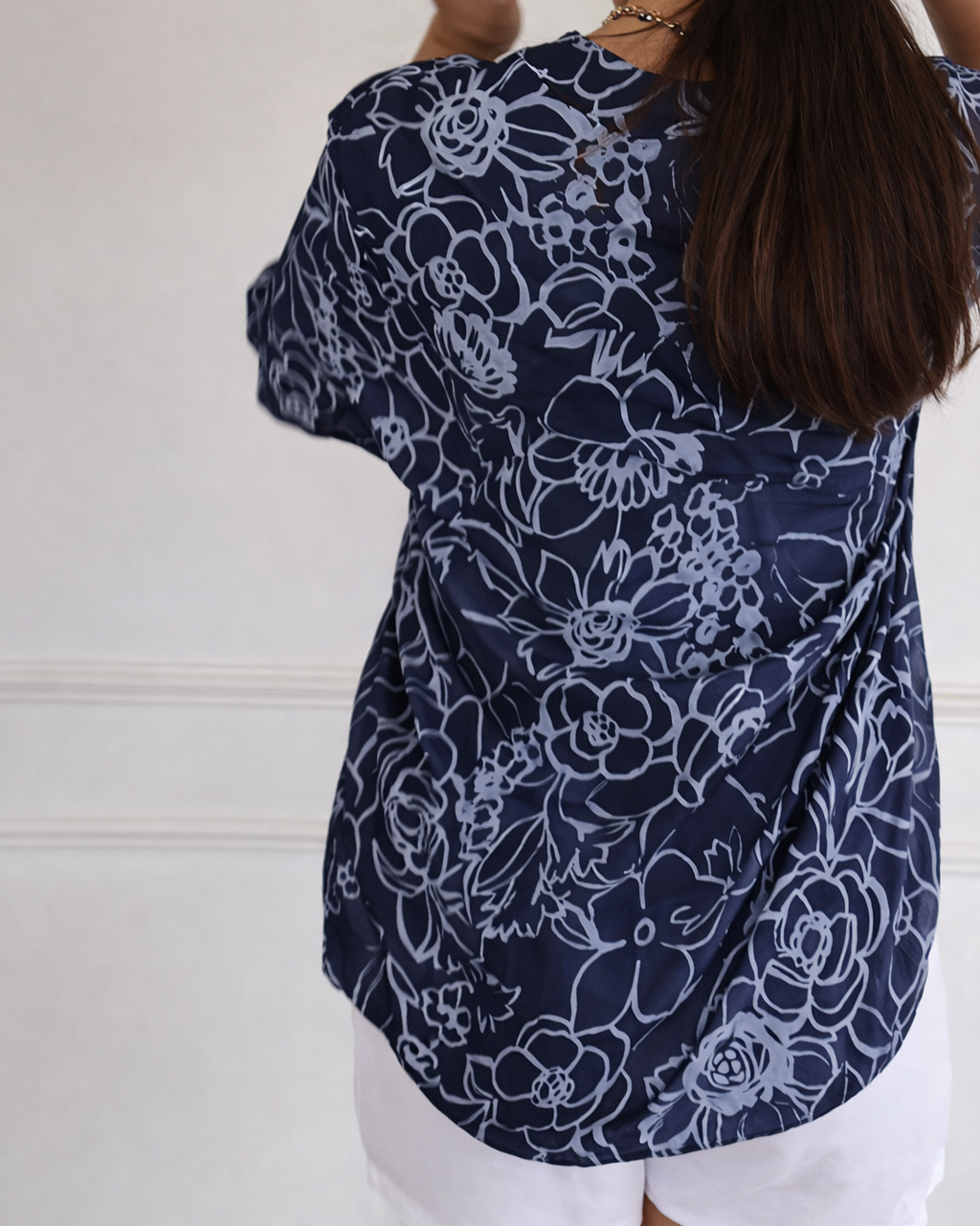 Callista | Floral Print Sequin Pocket Henley Blouse