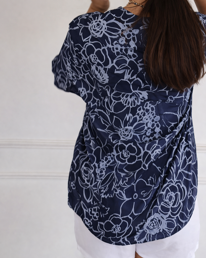 Callista | Floral Print Sequin Pocket Henley Blouse