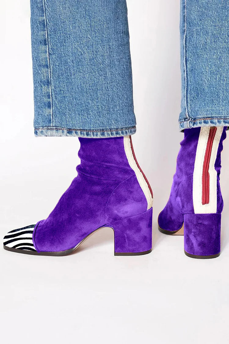 Zelda | Fitted Stretch Zebra Cap Toe Suede Sock Block Heel Boots