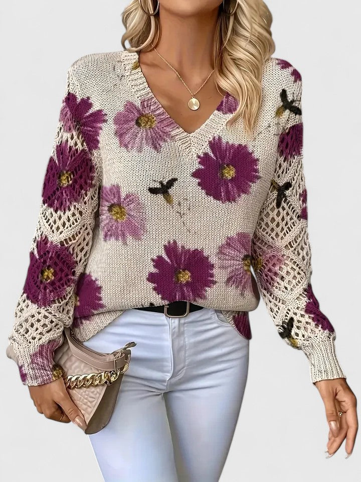Honeybee | Open Work Pointelle Sleeve Knitwear Floral Daisy Sweater