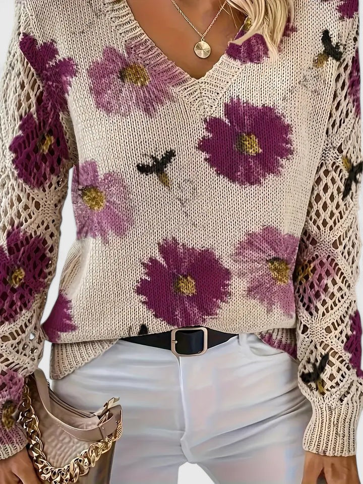 Honeybee | Open Work Pointelle Sleeve Knitwear Floral Daisy Sweater