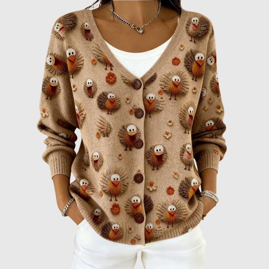 Women's Button Front Cardigan Knit with Turkey Print in Camel