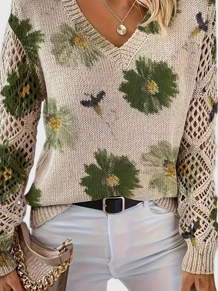 Honeybee | Open Work Pointelle Sleeve Knitwear Floral Daisy Sweater