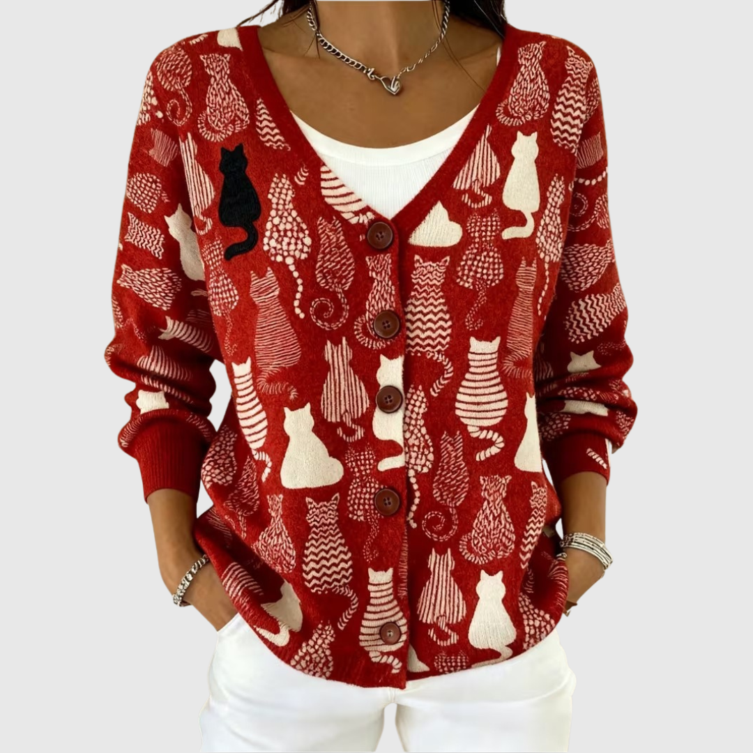 Women's Red Cat Print Button Up Cardigan Knit V Neck Long Sleeve