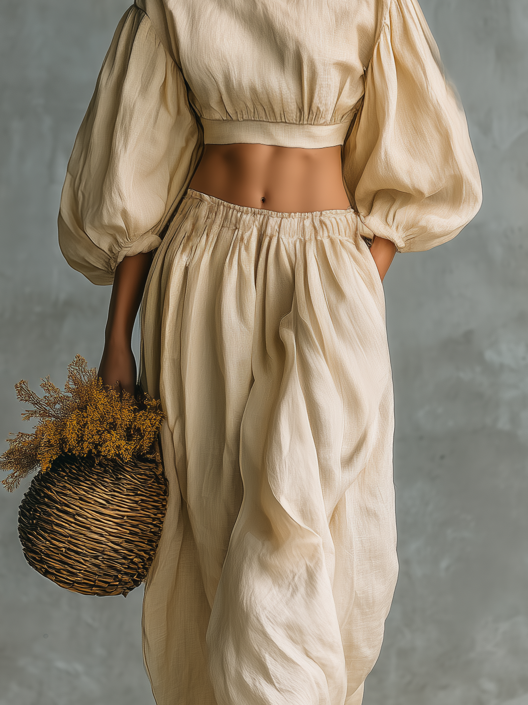 Saffron | Textured Puff Sleeve &amp; Gathered Skirt Matching Two Piece Set