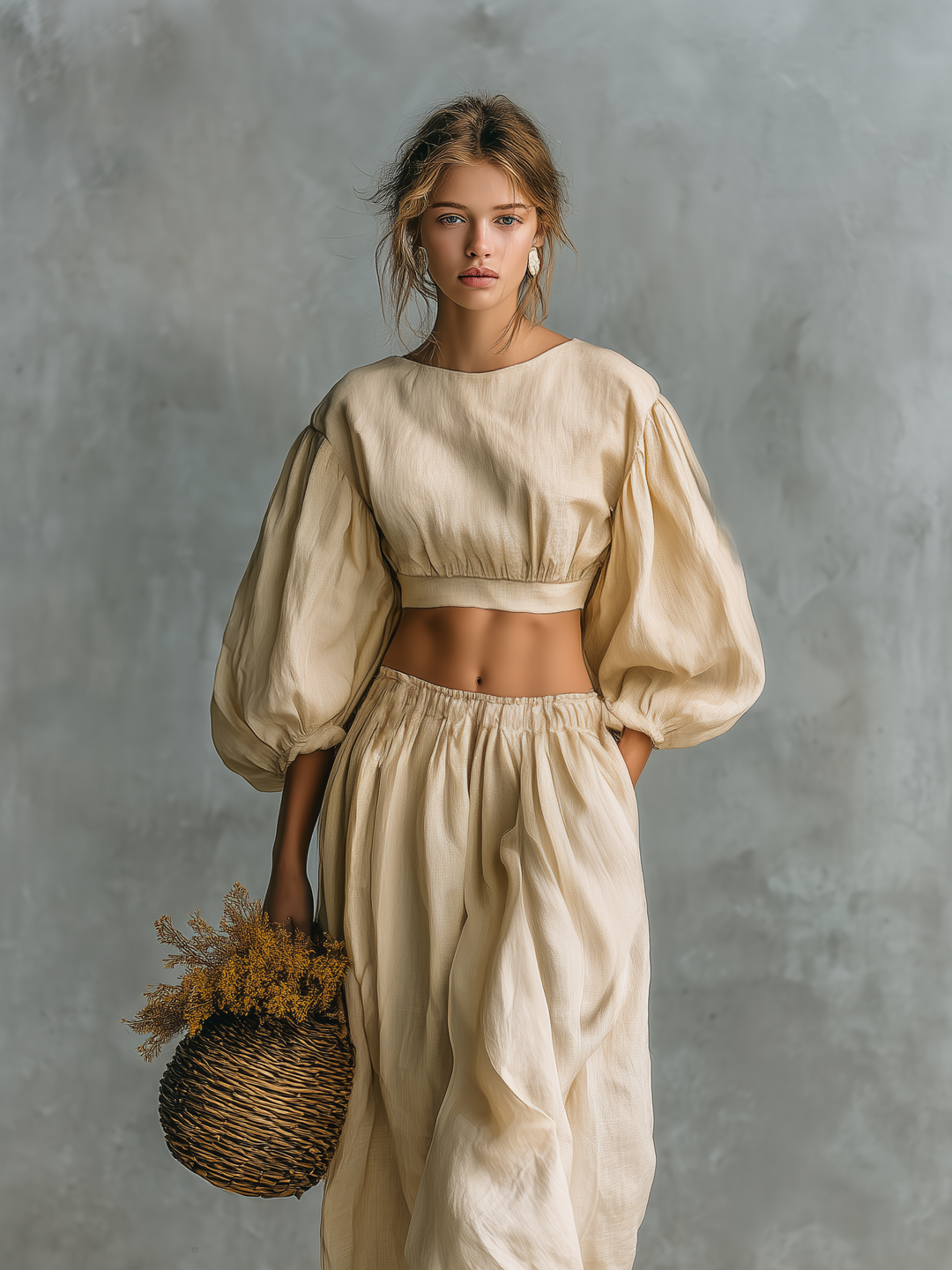 Saffron | Textured Puff Sleeve &amp; Gathered Skirt Matching Two Piece Set