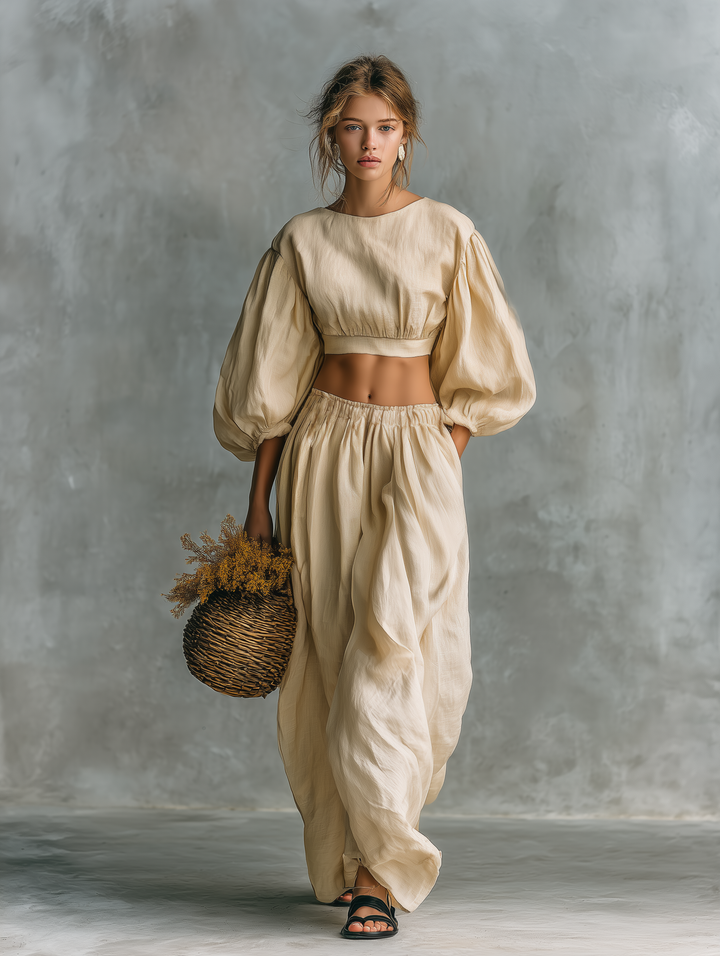 Saffron | Textured Puff Sleeve &amp; Gathered Skirt Matching Two Piece Set