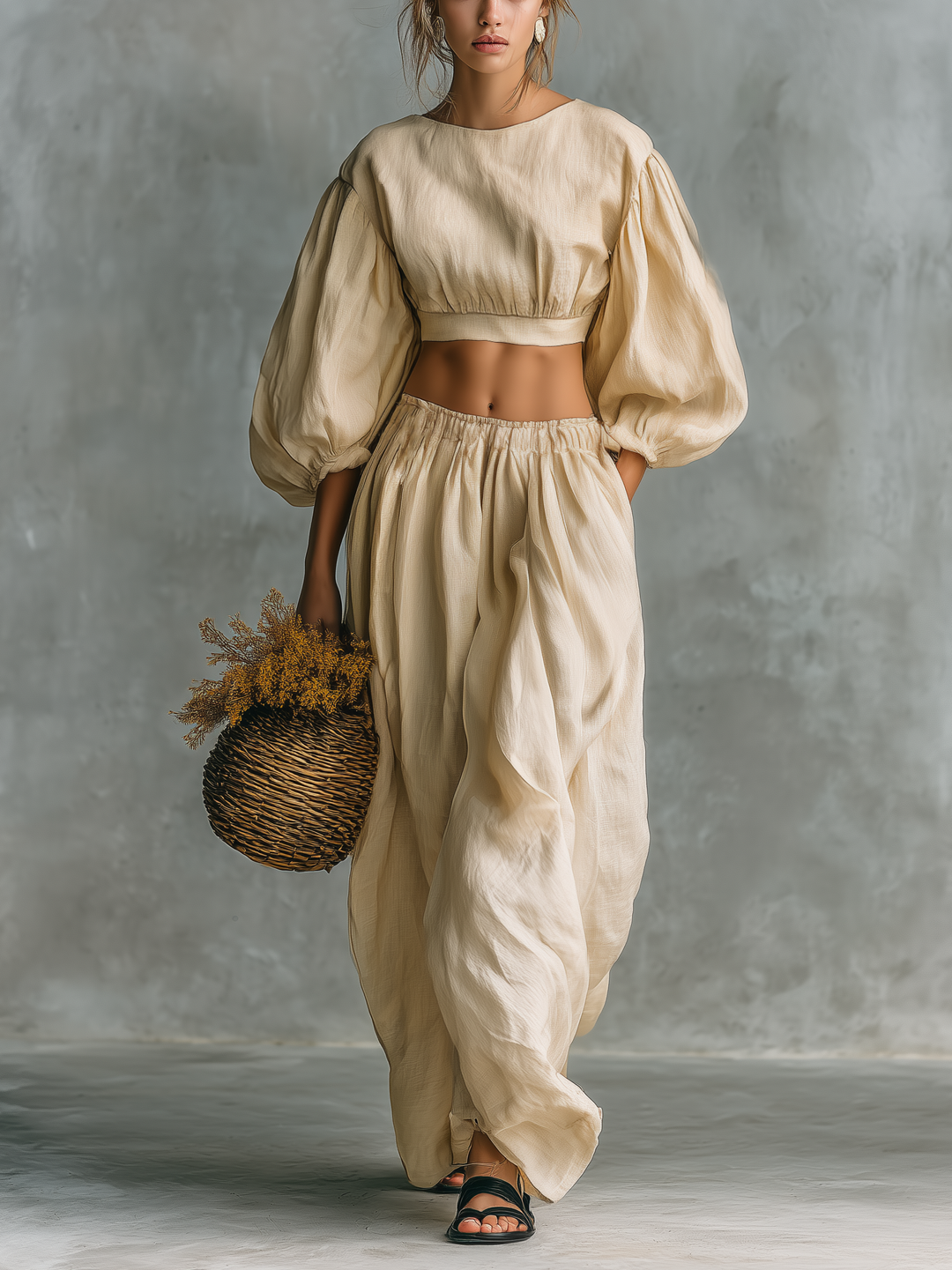 Saffron | Textured Puff Sleeve &amp; Gathered Skirt Matching Two Piece Set