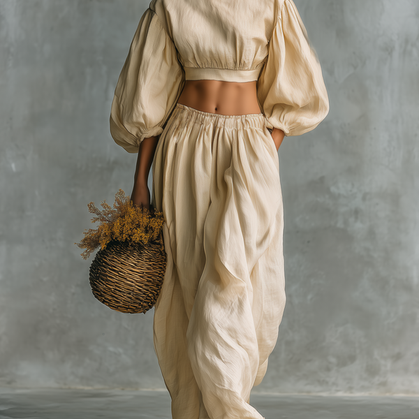 Saffron | Textured Puff Sleeve & Gathered Skirt Matching Two Piece Set