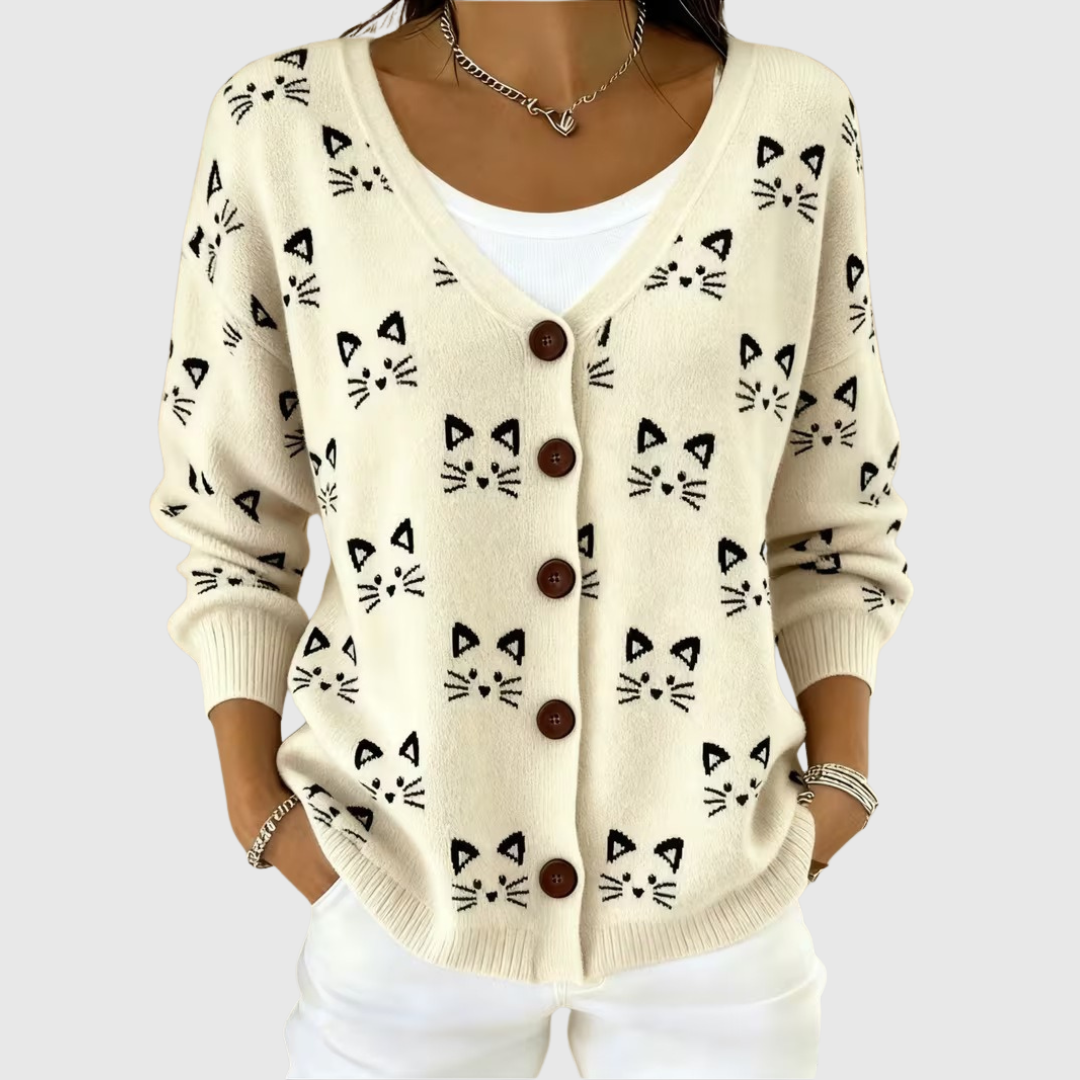Women's Button Front Cardigan with Cat Print in Cream Knit