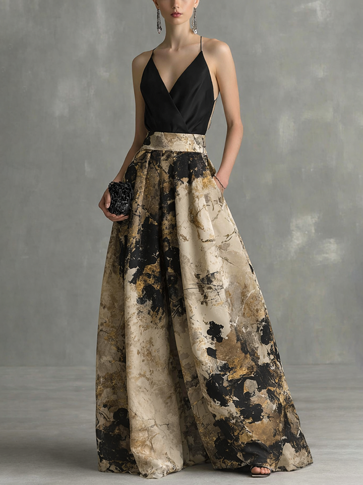 Odette | Abstract Print Pleated Ball Gown Maxi Formal Occasion Dress