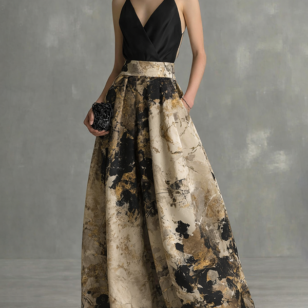 Odette | Abstract Print Pleated Ball Gown Maxi Formal Occasion Dress