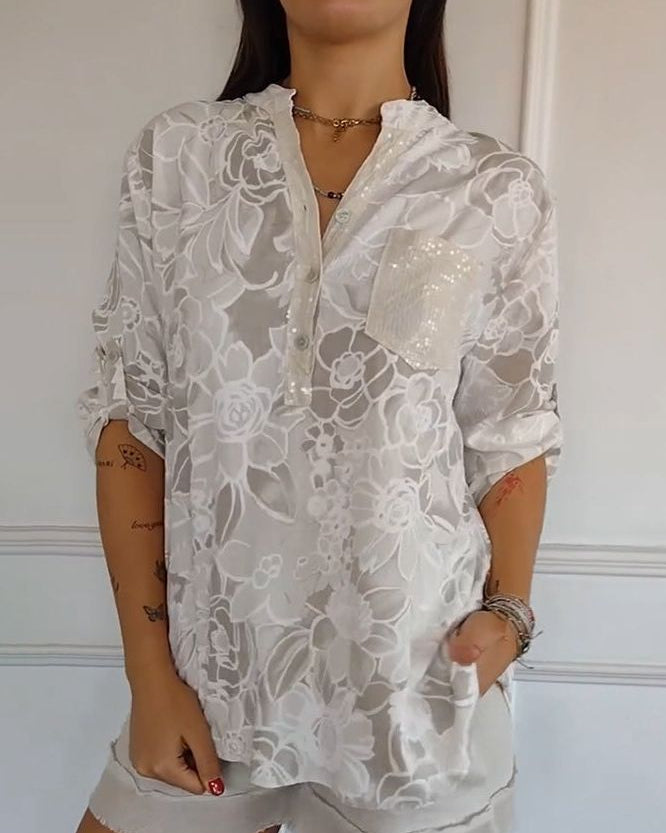 Callista | Floral Print Sequin Pocket Henley Blouse