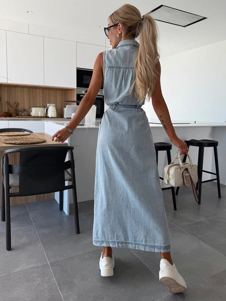 Celine | Button Down Tie Waist Denim Shirt Dress