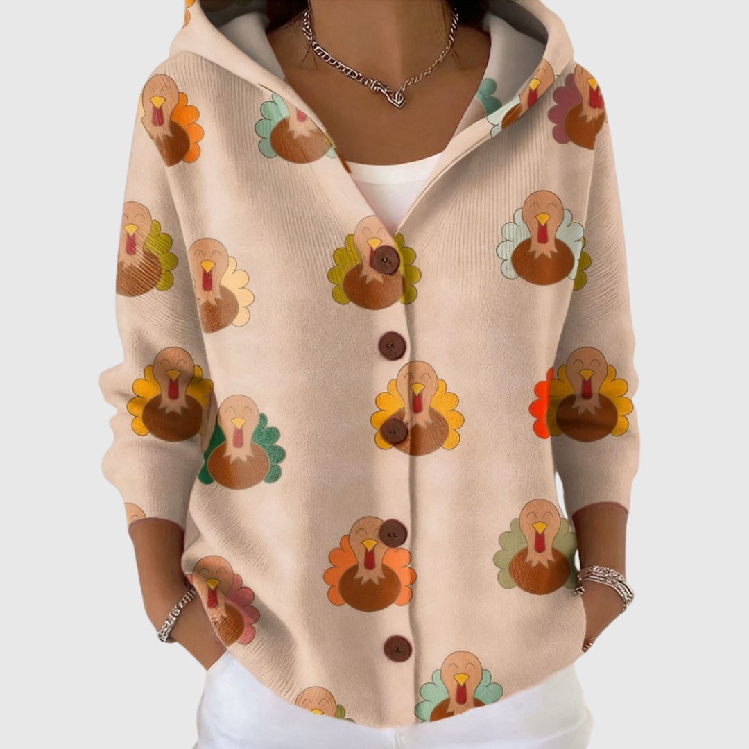 Women's Hooded Knit Jacket Button Front Turkey Print Beige