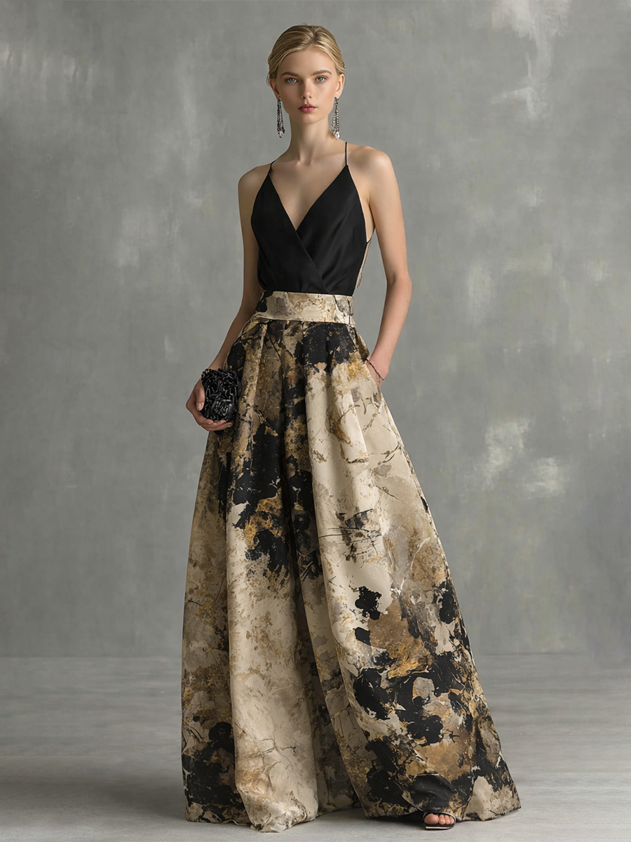 Odette | Abstract Print Pleated Ball Gown Maxi Formal Occasion Dress