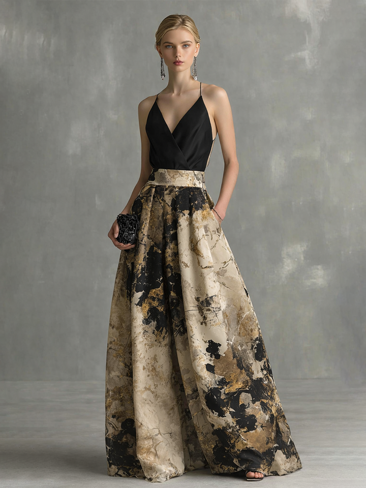 Odette | Abstract Print Pleated Ball Gown Maxi Formal Occasion Dress