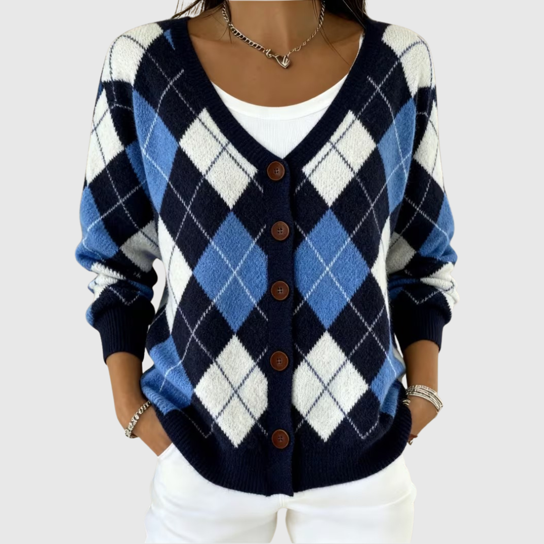 Women's Argyle Cardigan V Neck Button Up Knit in Navy Blue