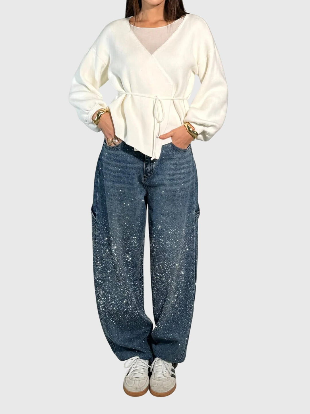 Stardust | Hot Fix Rhinestone Relaxed Baggy Wide Leg Cargo Jeans