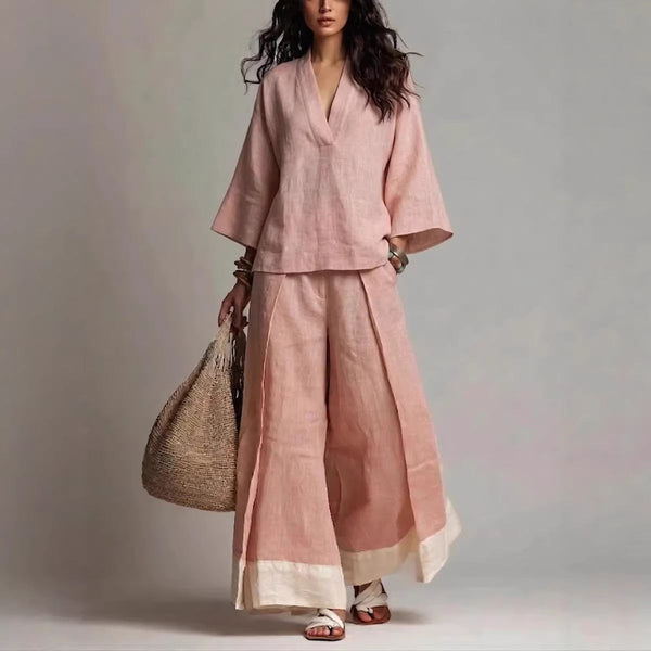 Kaia | V Neck Kimono Top & Wide Leg Pants Matching Co Ord Set
