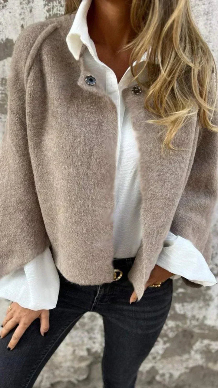Sutton | Knitted Open Front Snap Collar Wool Cardigan