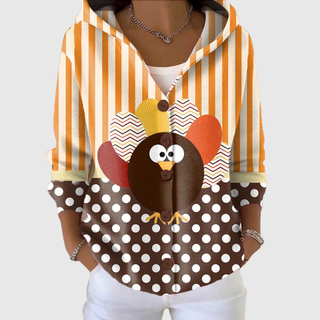 Women's Hooded Knit Jacket with Turkey Print in Brown and Orange