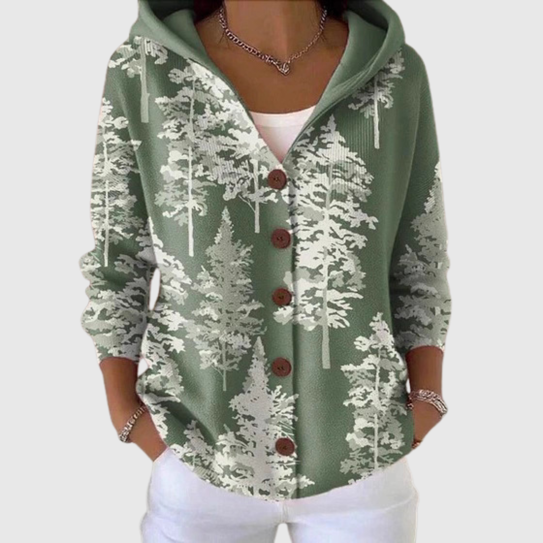 Women's Hooded Knit Jacket in Green with Tree Print and Buttons