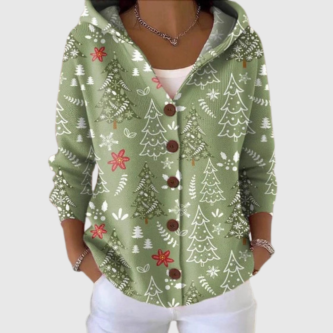 Women's Hooded Knitted Jacket Green Christmas Tree Print Button Front
