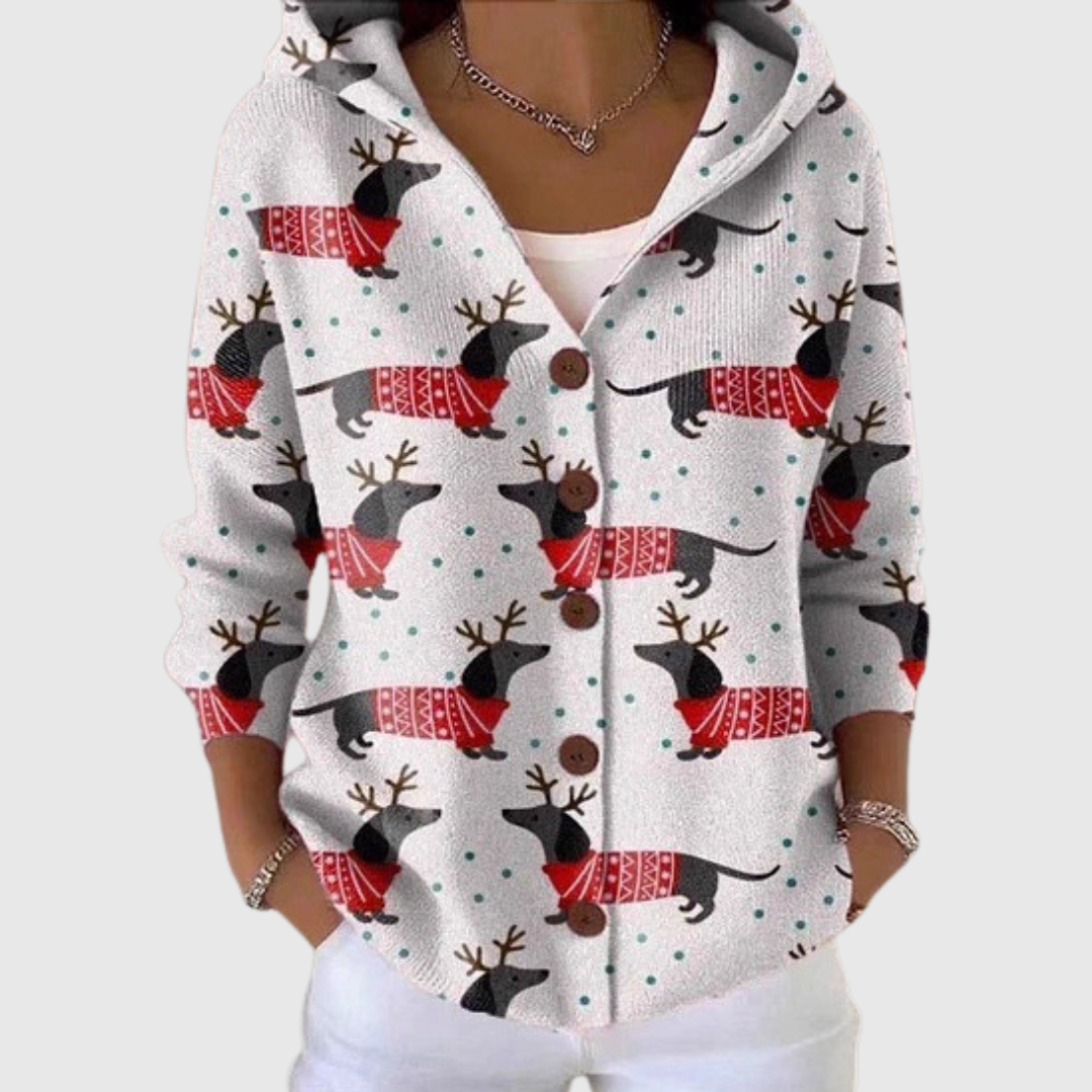 Women's Hooded Knit Jacket Cardigan with Christmas Dachshund Print