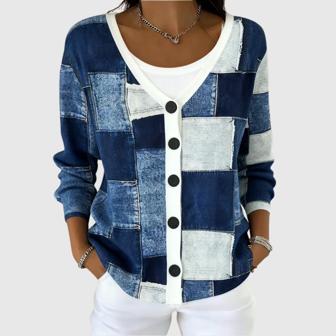 Women's Knit Cardigan with Buttons in Blue Denim Patchwork Print