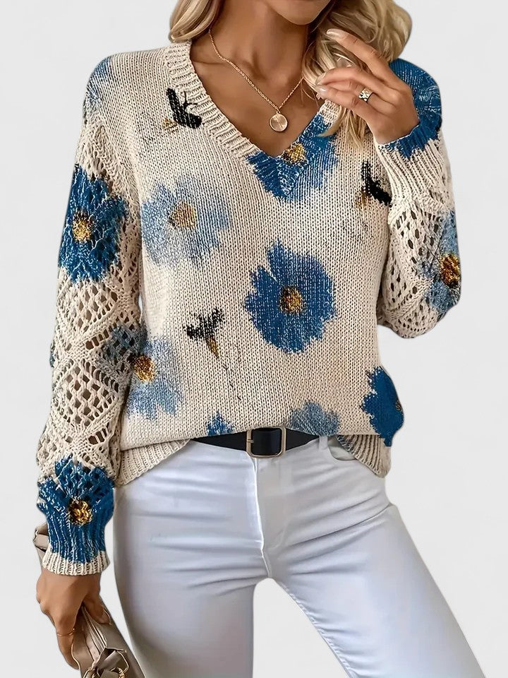 Honeybee | Open Work Pointelle Sleeve Knitwear Floral Daisy Sweater