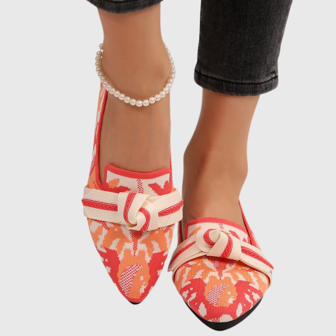 Women's Pointed Toe Loafers in Red Orange Knit Print with Bow
