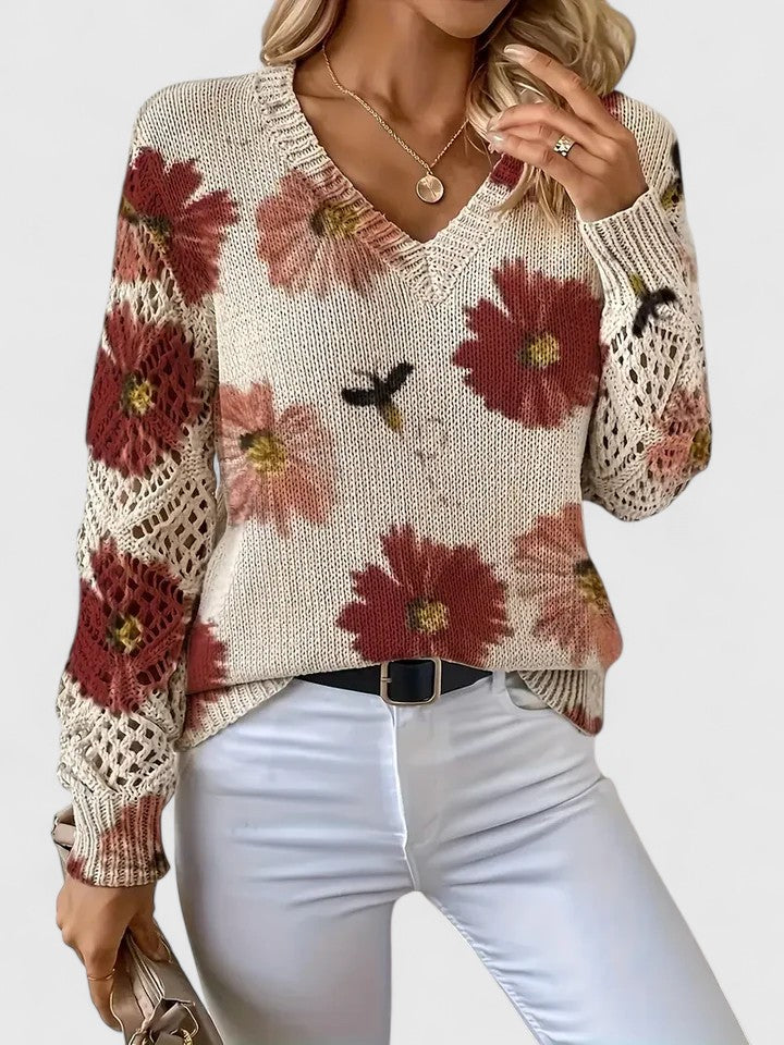 Honeybee | Open Work Pointelle Sleeve Knitwear Floral Daisy Sweater