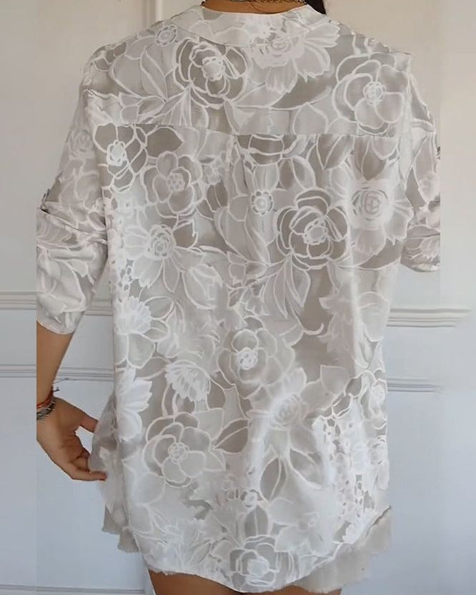 Callista | Floral Print Sequin Pocket Henley Blouse