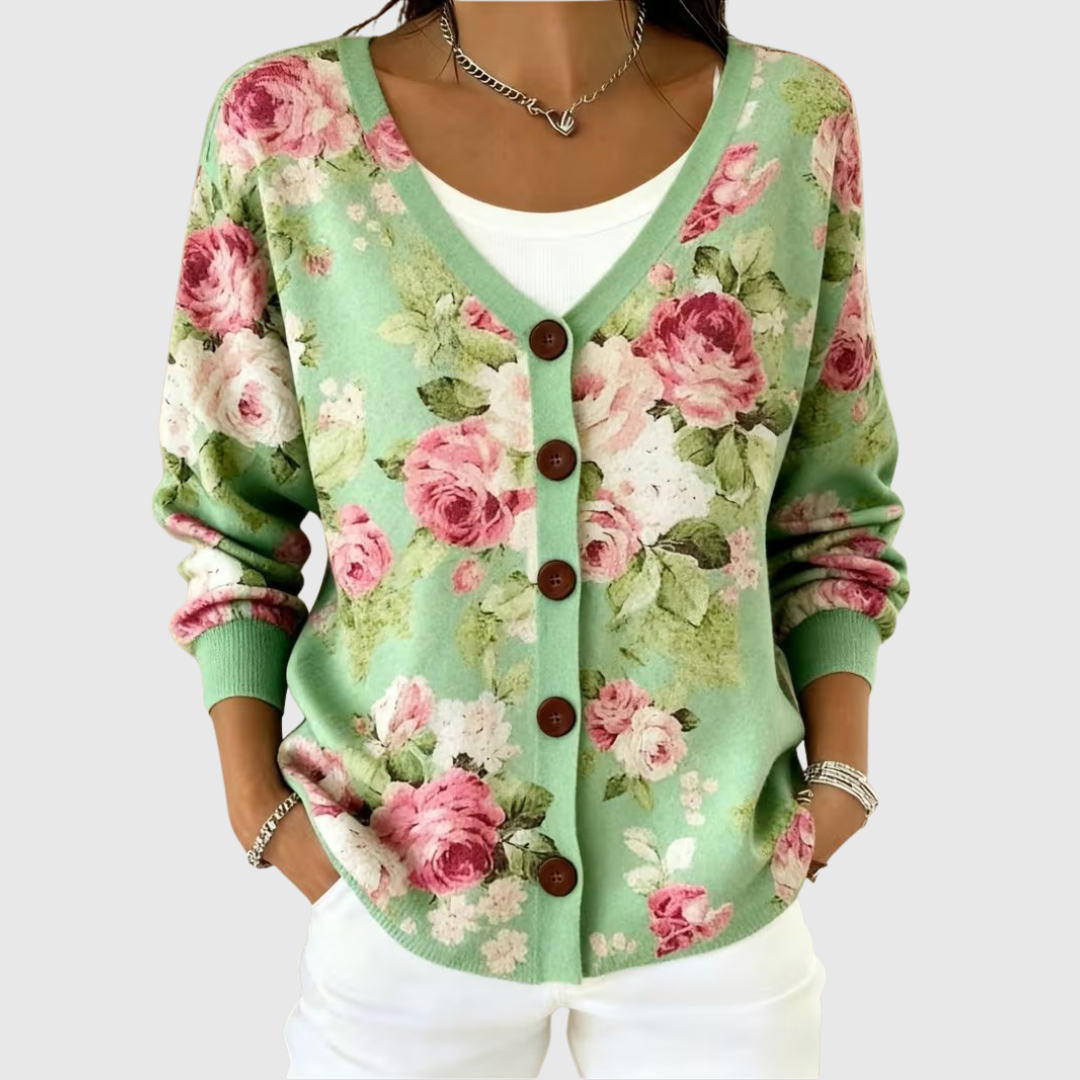 Women's Floral Button Up Cardigan Green Knit V Neck Long Sleeve