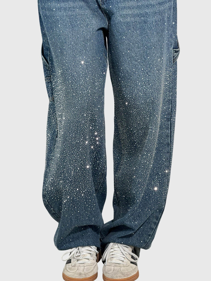 Stardust | Hot Fix Rhinestone Relaxed Baggy Wide Leg Cargo Jeans