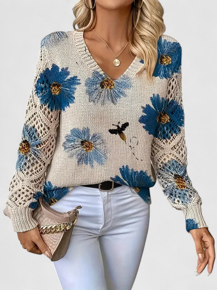 Honeybee | Open Work Pointelle Sleeve Knitwear Floral Daisy Sweater