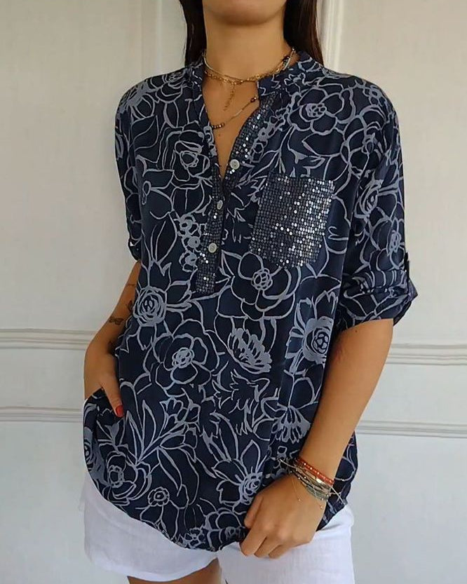 Callista | Floral Print Sequin Pocket Henley Blouse