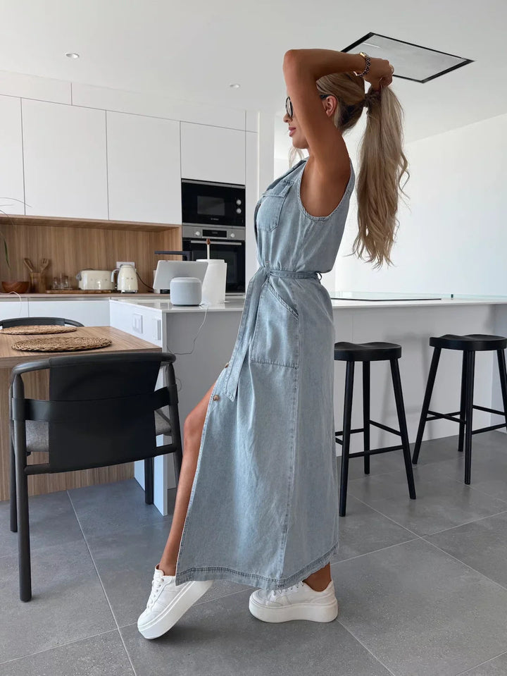 Celine | Button Down Tie Waist Denim Shirt Dress