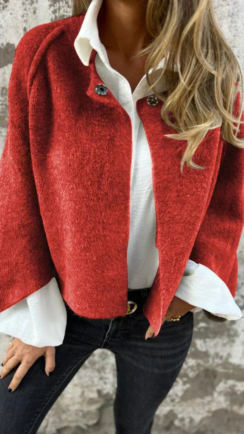 Sutton | Knitted Open Front Snap Collar Wool Cardigan