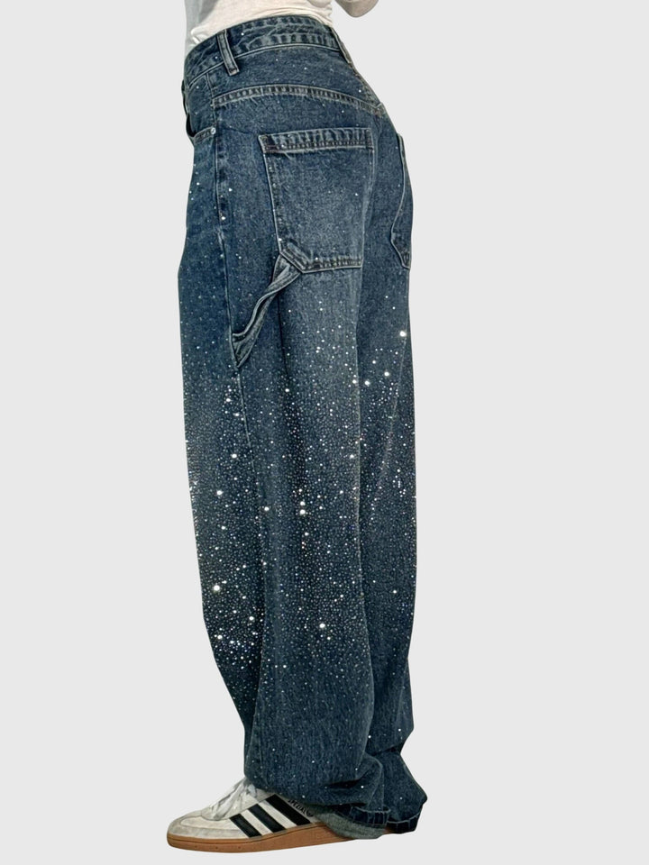 Stardust | Hot Fix Rhinestone Relaxed Baggy Wide Leg Cargo Jeans
