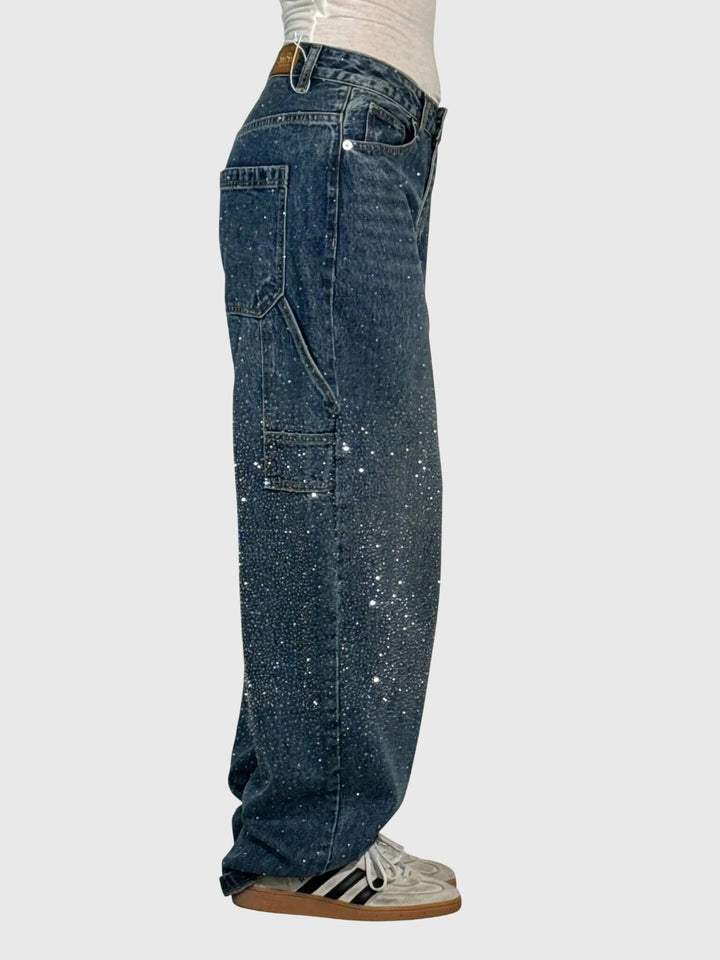 Stardust | Hot Fix Rhinestone Relaxed Baggy Wide Leg Cargo Jeans