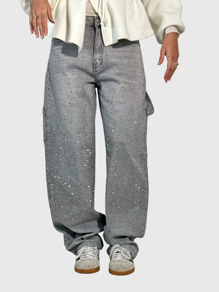 Stardust | Hot Fix Rhinestone Relaxed Baggy Wide Leg Cargo Jeans