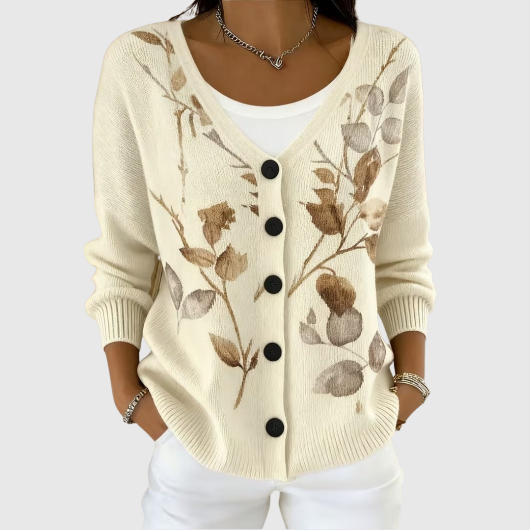 Women's Button Up Cardigan Cream Knit with Brown Leaf Print