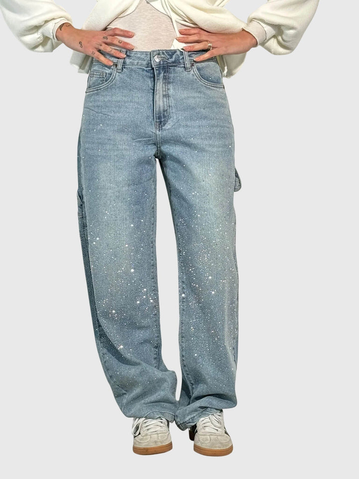 Stardust | Hot Fix Rhinestone Relaxed Baggy Wide Leg Cargo Jeans