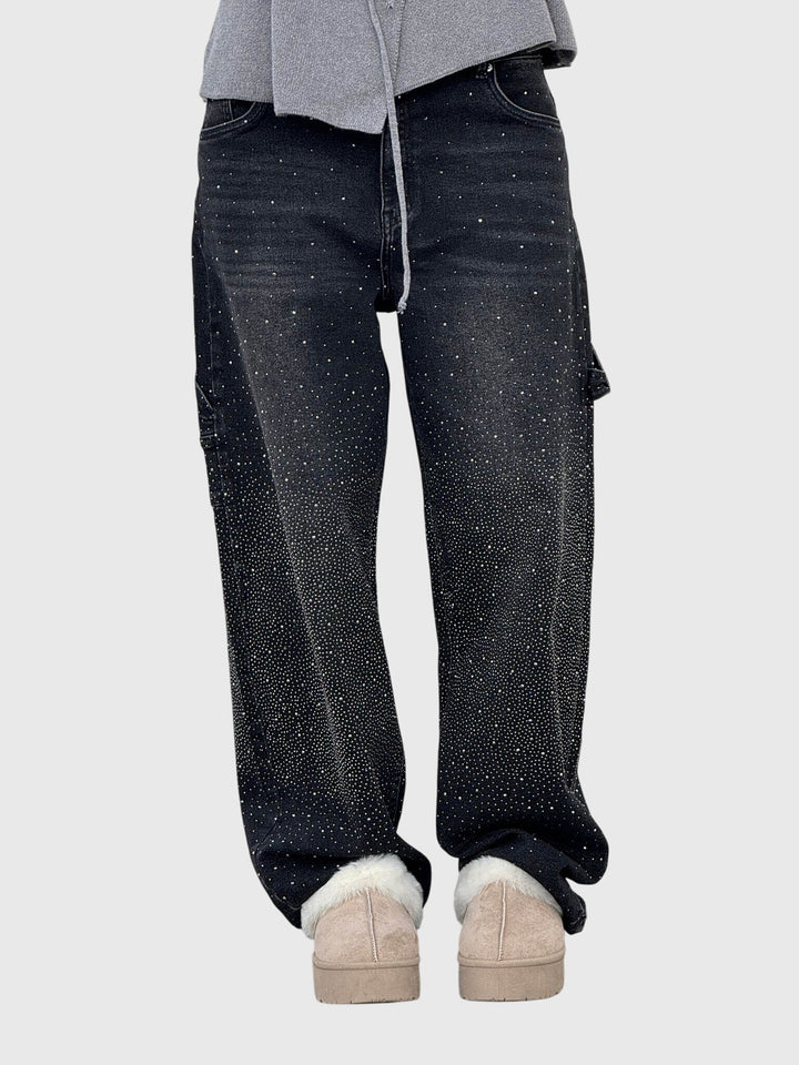 Stardust | Hot Fix Rhinestone Relaxed Baggy Wide Leg Cargo Jeans