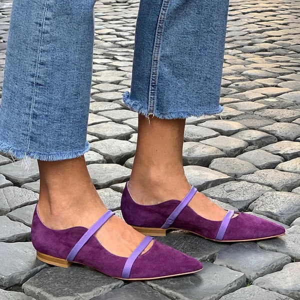 Women's Purple Suede Ballet Flats Mary Jane Pointed Toe