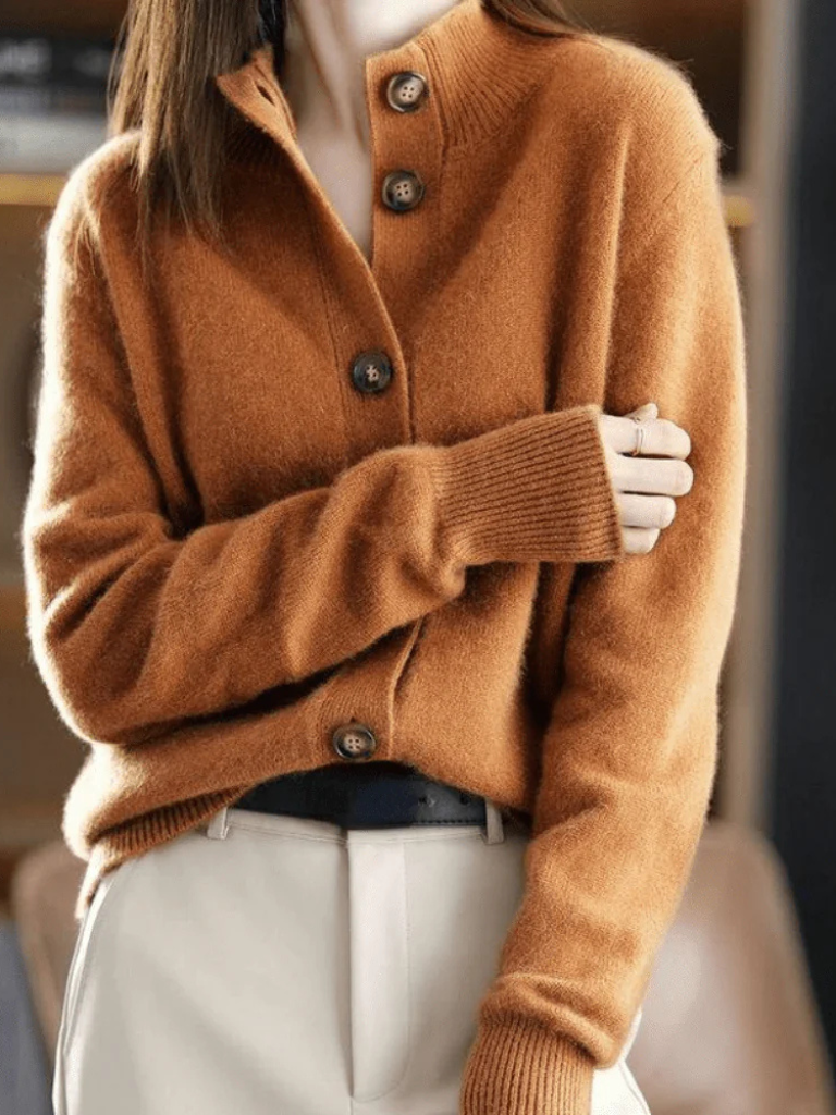 Sofia | Textured Mock Neck Tortoiseshell Button Cardigan