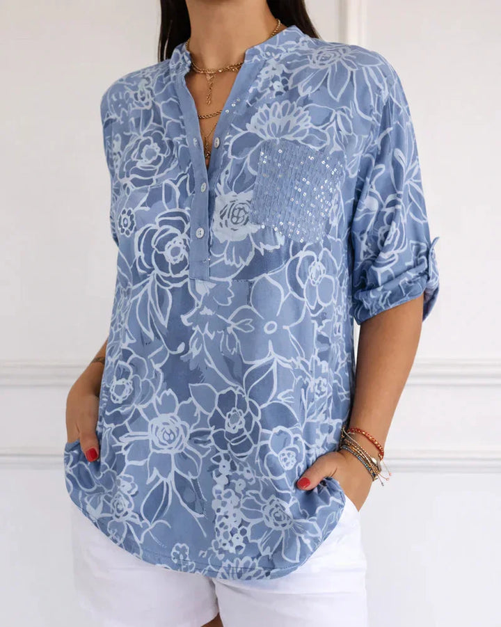 Callista | Floral Print Sequin Pocket Henley Blouse