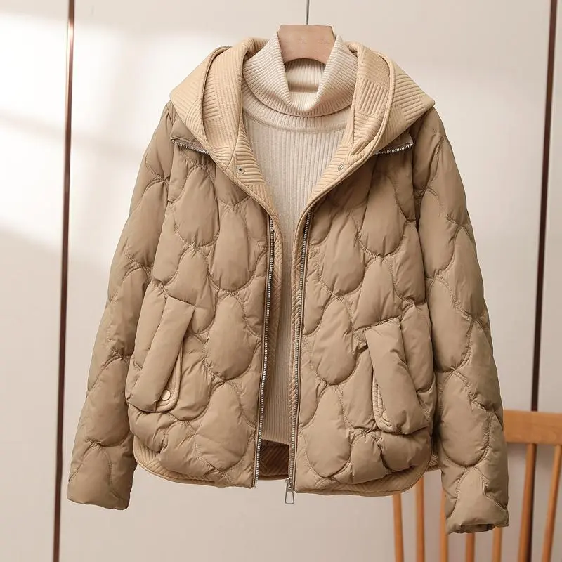 Women's Quilted Hooded Rib Knit Trim Zip Up Puffer Jacket